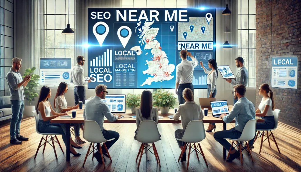 advanced local SEO strategies - Digital marketing team analyzing local SEO data on a screen with maps and charts for "near me" searches