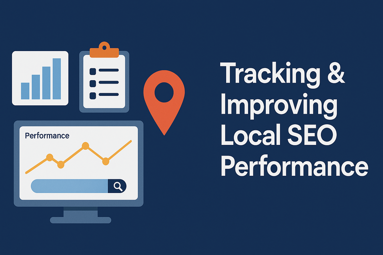 Illustration showing tools for local SEO performance tracking, including a computer screen with graphs, a bar chart, clipboard, and Google Maps pin next to the title "Tracking & Improving Local SEO Performance."