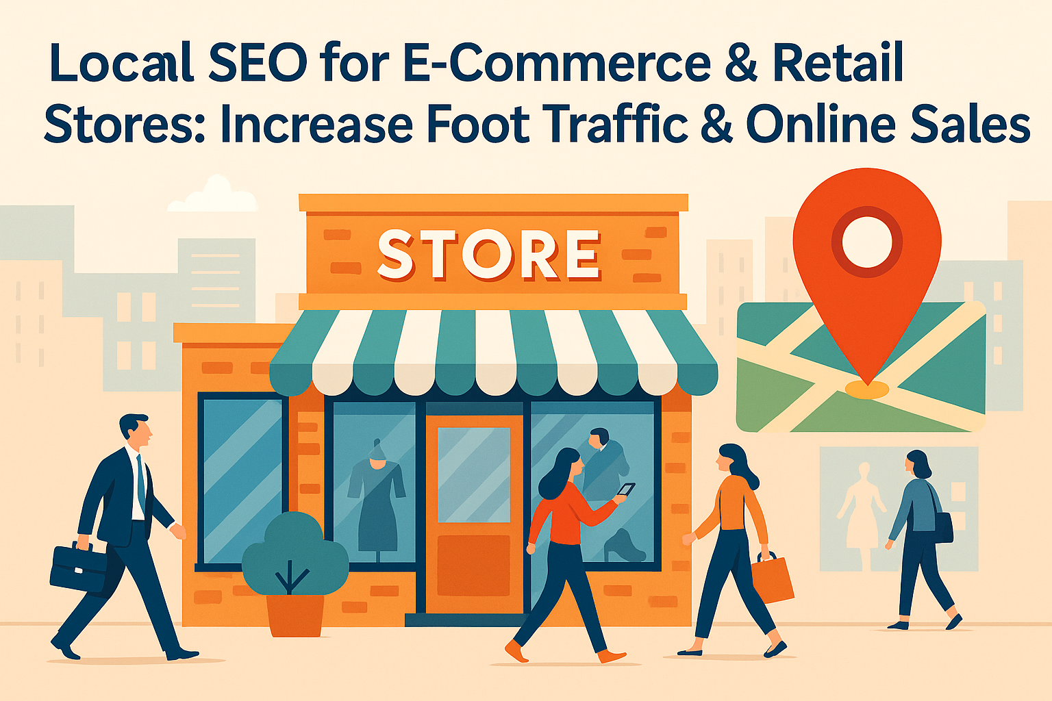 Illustration showing a retail store with Google Maps location pin, symbolizing local SEO for e-commerce and retail businesses